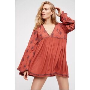 Free People Diamond Embroidered Boho Peasant Tunic Top Blouse S Rust Bell Sleeve